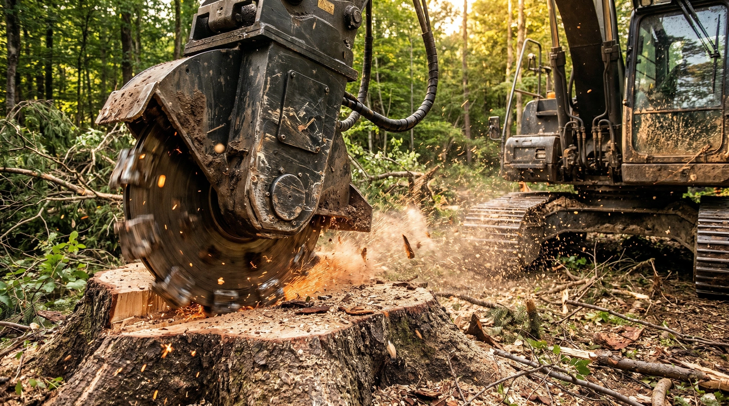 rundum baum GmbH - Baumpflege - Forstmaschinen mahlen Baumstumpf im Wald, Holzfäller roden Wald mit Funken, Sägemehl und schweren Maschinen.