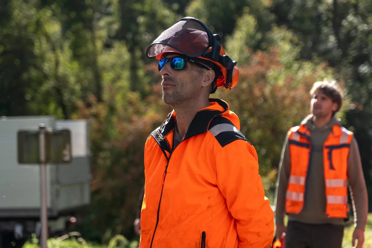 rundum baum GmbH - Baumpflege - Zwei Forstarbeiter in orangefarbenen Warnwesten und Schutzhelmen blicken in einem Waldgebiet nach oben.